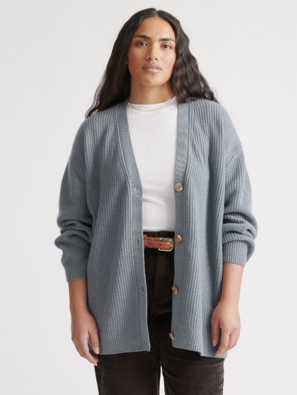 Quince dusty blue oversized ribbed cashmere cardigan sweater